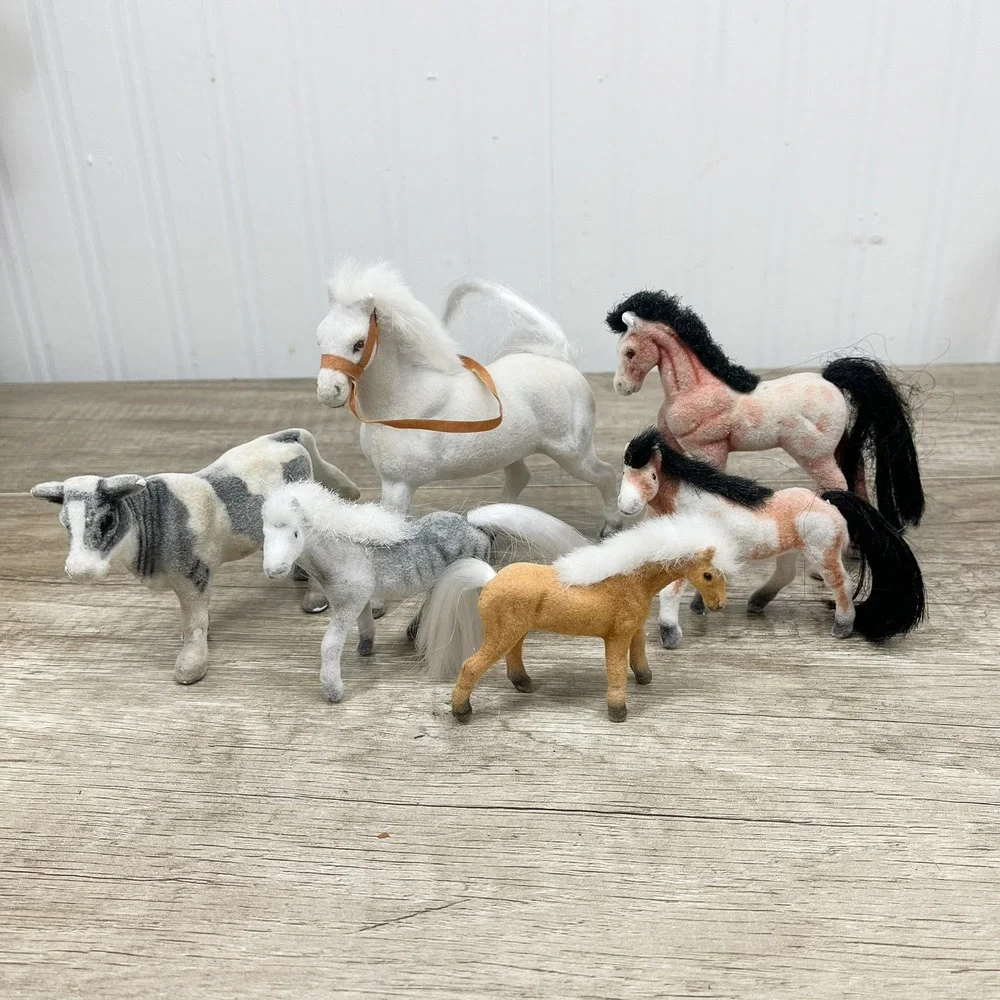 Vintage Flocked Horse and Cow Figurines Lot of 6 Fuzzy Farm Animals Toy Set